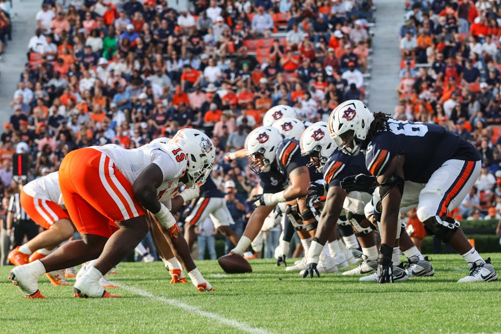 Defensive lineman Kobe McInnis '29 lines up against Auburn University on Nov. 22, 2025.