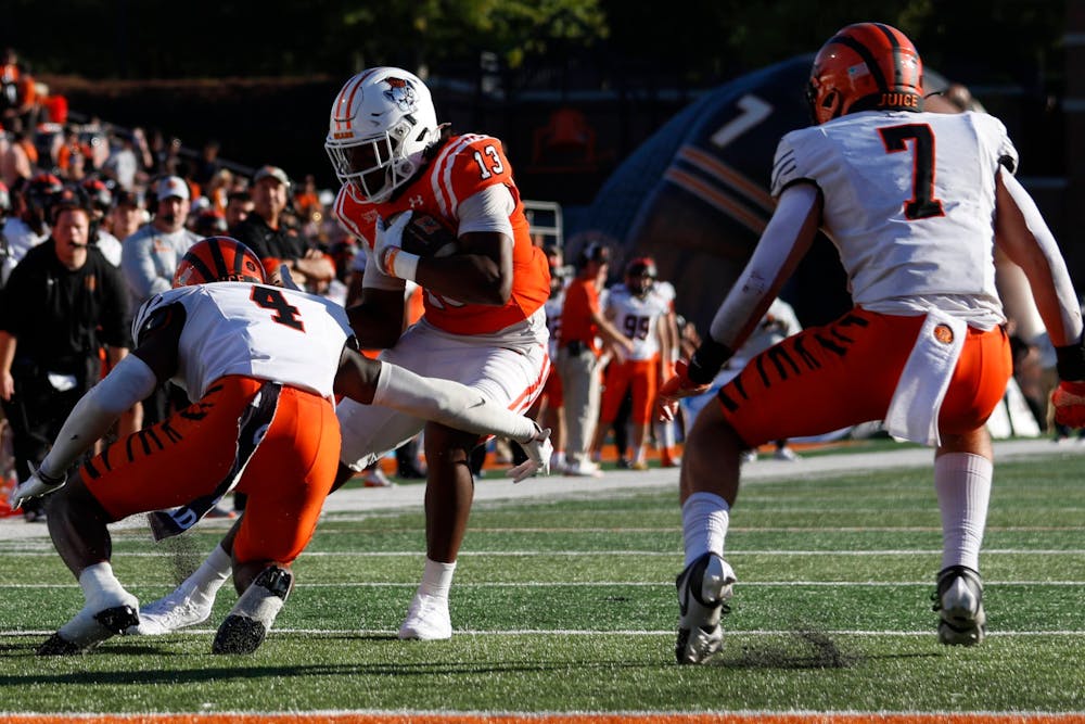 Kelin Parsons '25 evades a tackle as Mercer knocks on the door of the end zone against Princeton on Oct. 12, 2024. Parsons leads the team in reception yards, receptions and average yards per game.