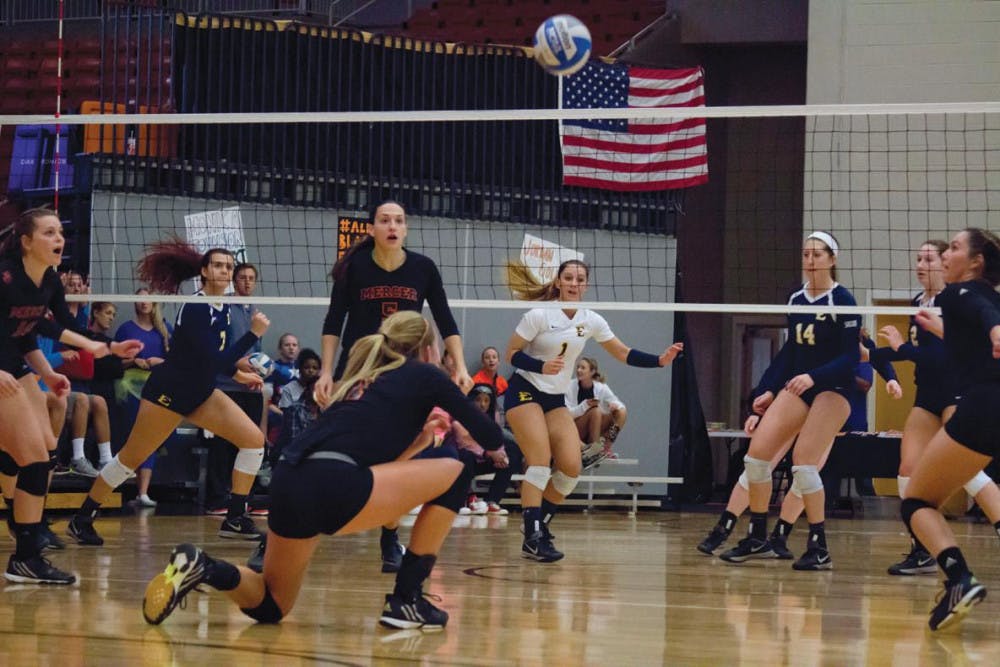 Outside hitter Heather Swann delivers a bump pass in the Bears' Oct. 31 match against Eastern Tennessee State.