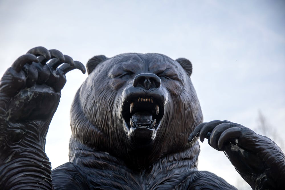 Mercer’s bear statue catches the afternoon sun outside of the University Center Feb. 19, 2026. The university erected the statue in 2010 and soon faced mixed feelings on how the menacing face reflected the student body.