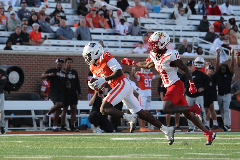 Wide receiver Adonis McDaniel '27 catches a pass against Virginia Military Institute on Saturday, Oct. 25.