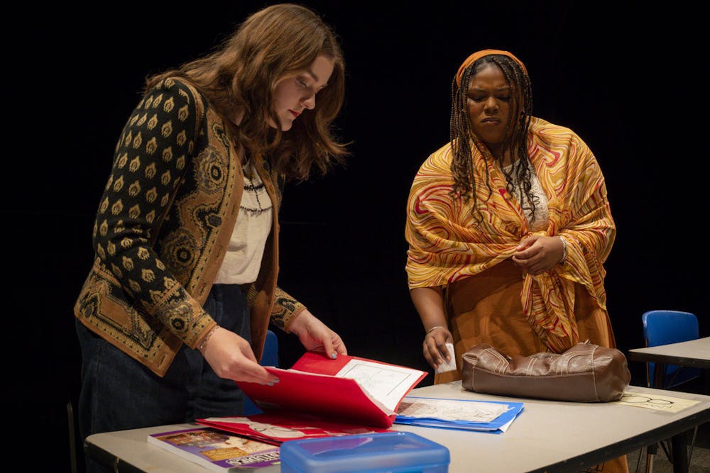 <p>Kasey Hoyt ‘26 and Jada Clements ‘27 performing in “Gidion’s Knot,” the first show the Mercer Players have presented this school year. Photo courtesy of The Mercer Players.</p>