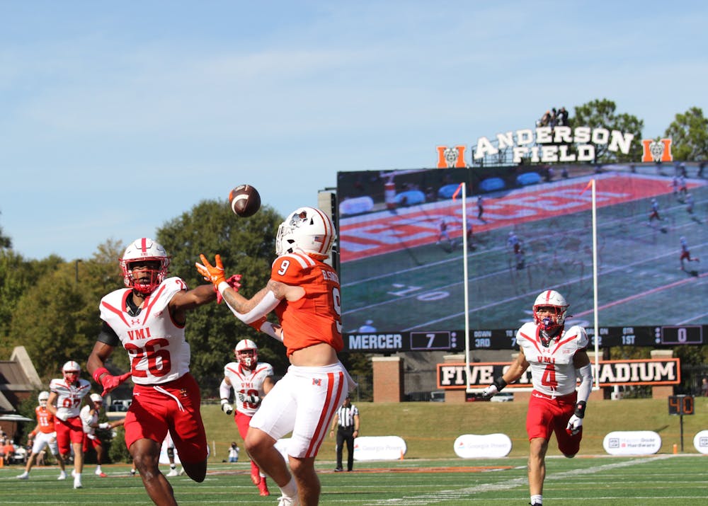<p>Wide receiver Brayden Smith &#x27;27 catches a touchdown pass against Virginia Military Institute on Oct 25.</p>