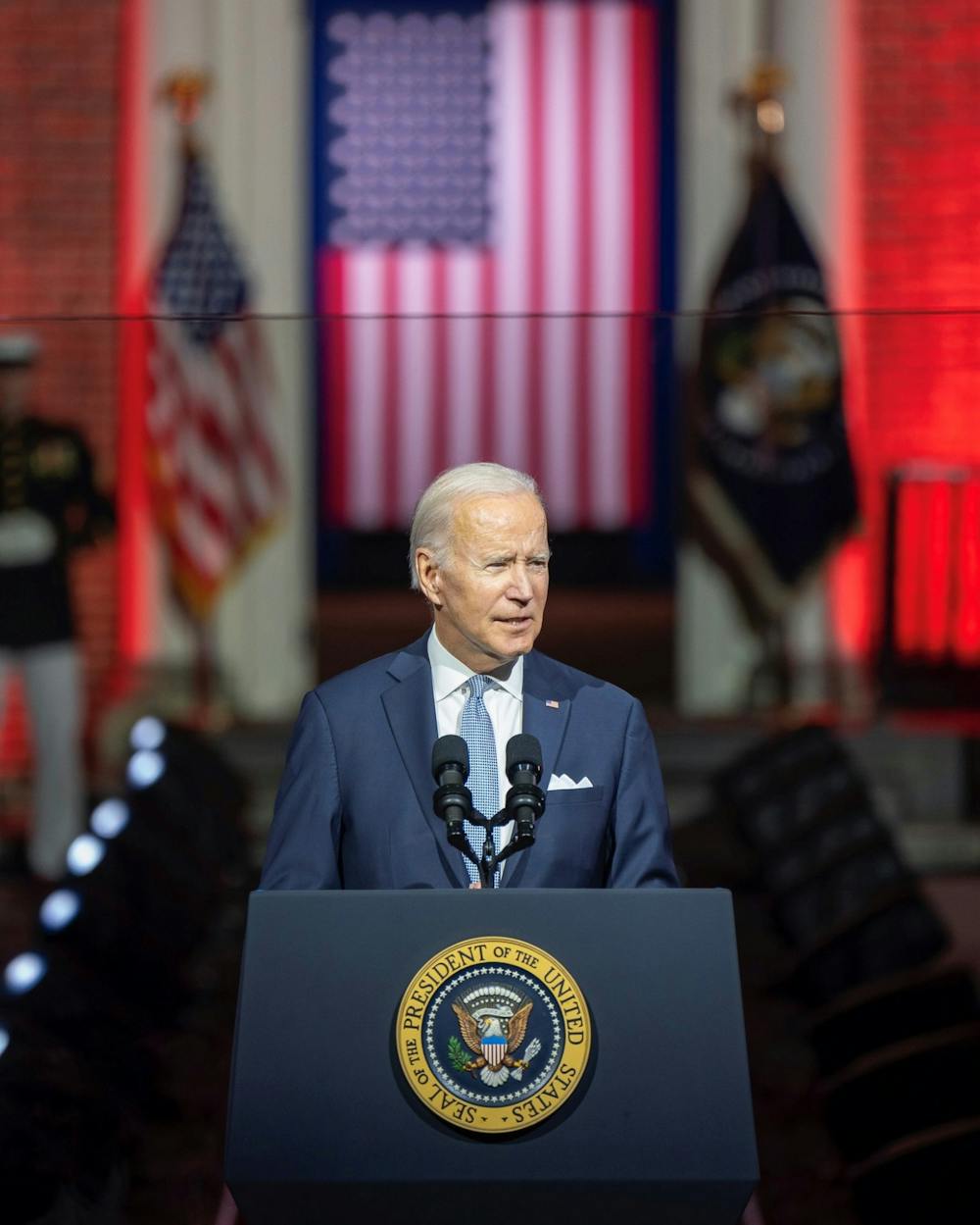 <p><em>President Biden delivered a speech at Independence Hall, in which he directly confronted the “threat” posed by Donald Trump and those who support him. (Office of the President. Posted to </em><a href="https://www.facebook.com/photo/?fbid=548491063944528&amp;set=a.356649399795363" target=""><em>Facebook</em></a><em> on Sept. 1, 2022)</em></p>