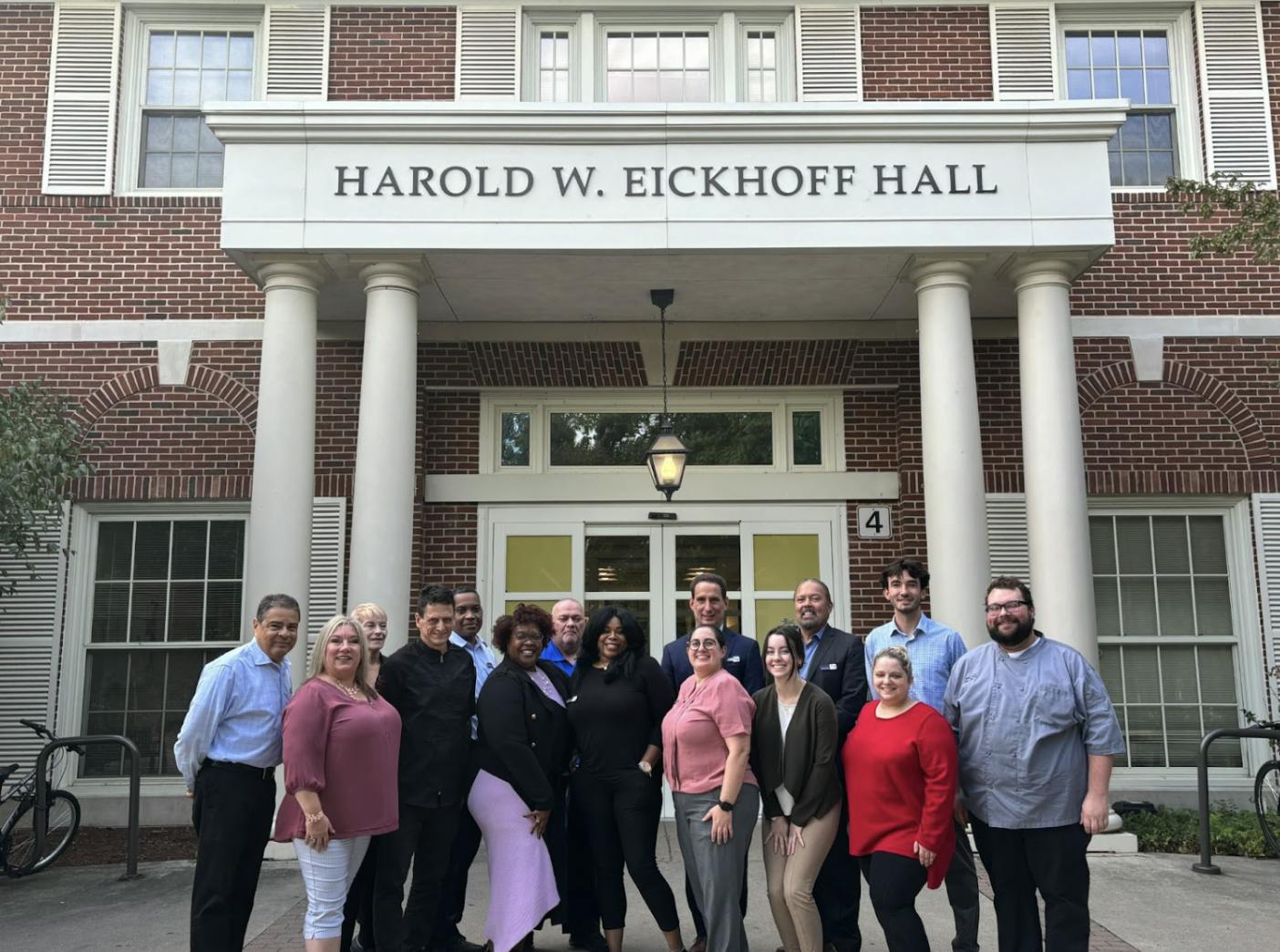 From left to right back row: Victor “Tony” Figueroa, Irene Hart, Arthur Rolack, Ronald Shoemaker, Vincent “Vince” Papp, Nelson Morales, Steven “Tobin” Milkowski, Michael Knipp. Front row left to right: Evonne Ryan-Grandell, Michael Pavey, Cynthia Bond, Nicole Holloway, Rebecca Chabot, Bridget Lazar, Nicole Piotrowski (Photo courtesy of Dining Services). 