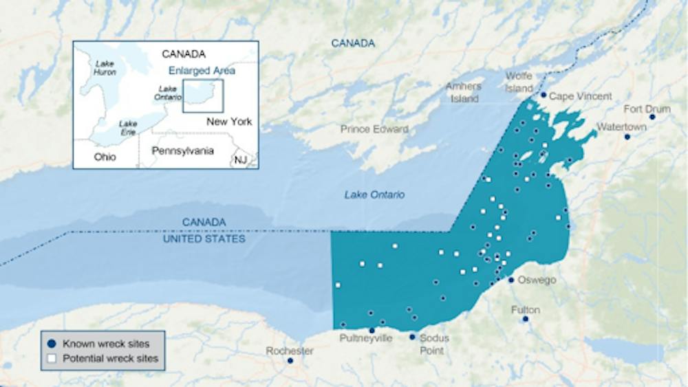 <p><em>Several GPS apps rename “Lake Ontario” to “Lake America” following Trump’s executive order. (Photo courtesy of </em><a href="https://commons.wikimedia.org/wiki/File:Lake_Ontario_National_Marine_Sanctuary_map_with_shipwrecks_2024.PNG" target=""><em>Wikimedia Commons</em></a><em>)</em></p>