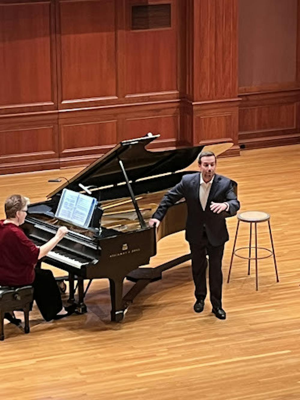 <p>Pianist Laura Ward (pictured left) plays piano while Steven Eddy (pictured right) sings on stage (Photo courtesy of Jayleen Rolon).<br/><br/></p>
