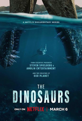 The spinosaurus catching its prey in the cover page of “The Dinosaurs” docuseries. (Photo courtesy of IMDb)