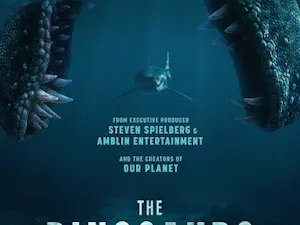 The spinosaurus catching its prey in the cover page of “The Dinosaurs” docuseries. (Photo courtesy of IMDb)