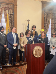 Assemblywoman Andrea Katz speaking at a press conference with fellow Assembly members and social media protestors before an Assembly session on Feb. 19 at the New Jersey State House. (Photo by Brinda Patel) 