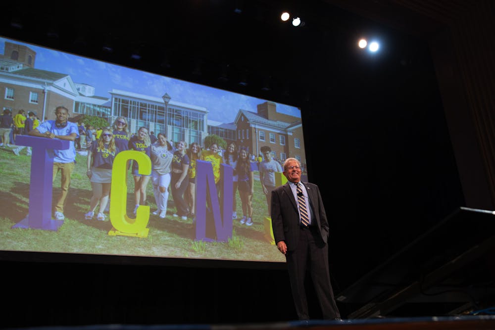 <p><em>President Bernstein discussed his plans for the College during his welcome address in August (Photo Courtesy of Anthony DePrimo).</em></p>