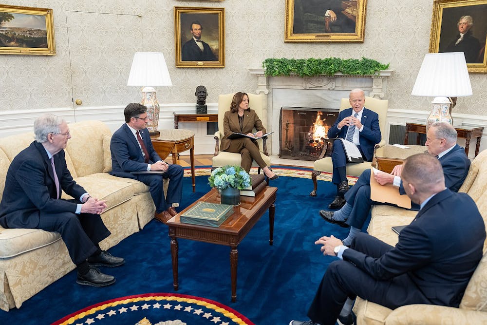 <p><em>Four Congressmen met with President Joe Biden to discuss government spending to avoid a government shutdown (Photo courtesy of </em><a href="https://commons.wikimedia.org/wiki/File:President_Joe_Biden_and_Vice_President_Kamala_Harris_meet_with_Leader_Chuck_Schumer,_Leader_Mitch_McConnell,_Speaker_Mike_Johnson,_and_Leader_Hakeem_Jeffries_in_the_Oval_Office.jpg" target=""><em>Wikimedia Commons</em></a><em> / The Biden White House. February 27, 2024). </em></p>