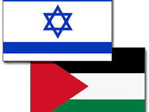 (Photo courtesy of Wikimedia Commons/“Israel-Palestine flags” by User:Justass. October 20, 2009).