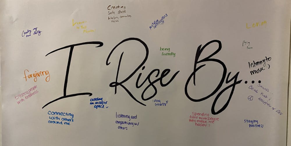 <p><em>An interactive poster hung at the poetry slam inspires students to look within themselves about how they persevere (Victoria Gladstone / Staff Writer).</em></p>