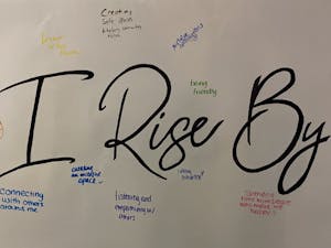 An interactive poster hung at the poetry slam inspires students to look within themselves about how they persevere (Victoria Gladstone / Staff Writer).