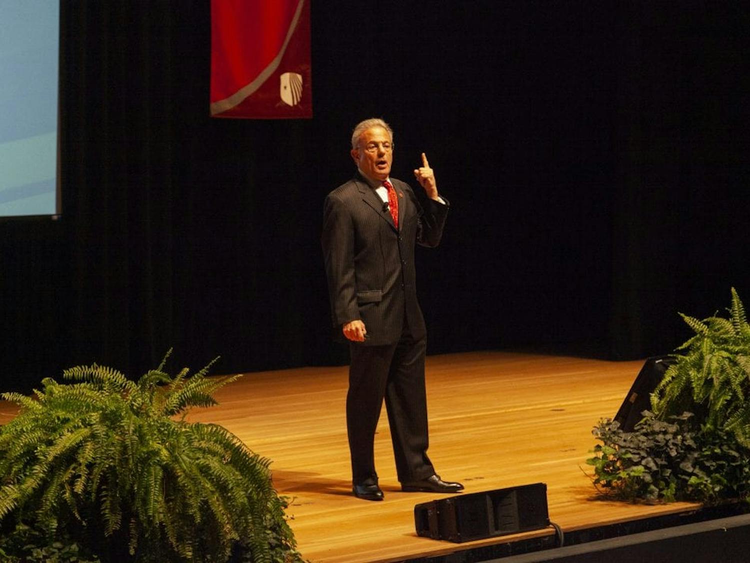 Former Stony Brook Interim President Michael Bernstein in 2019 addressing students about the state of the university (Courtesy of Emma Harris / The Statesman).