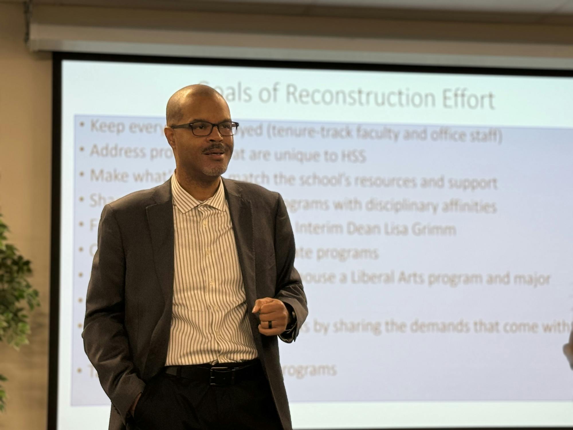 Christopher Fisher, the interim dean of HSS, created the reconstruction proposal with 11 professors, a program assistant and two members of the dean&#x27;s office. (Photo by Isabella Darcy / Managing Editor)