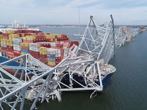 The Francis Scott Key Bridge collapsed due to a cargo ship collision (Photo courtesy of Wikimedia Commons / NTSBgov. March 26, 2024).