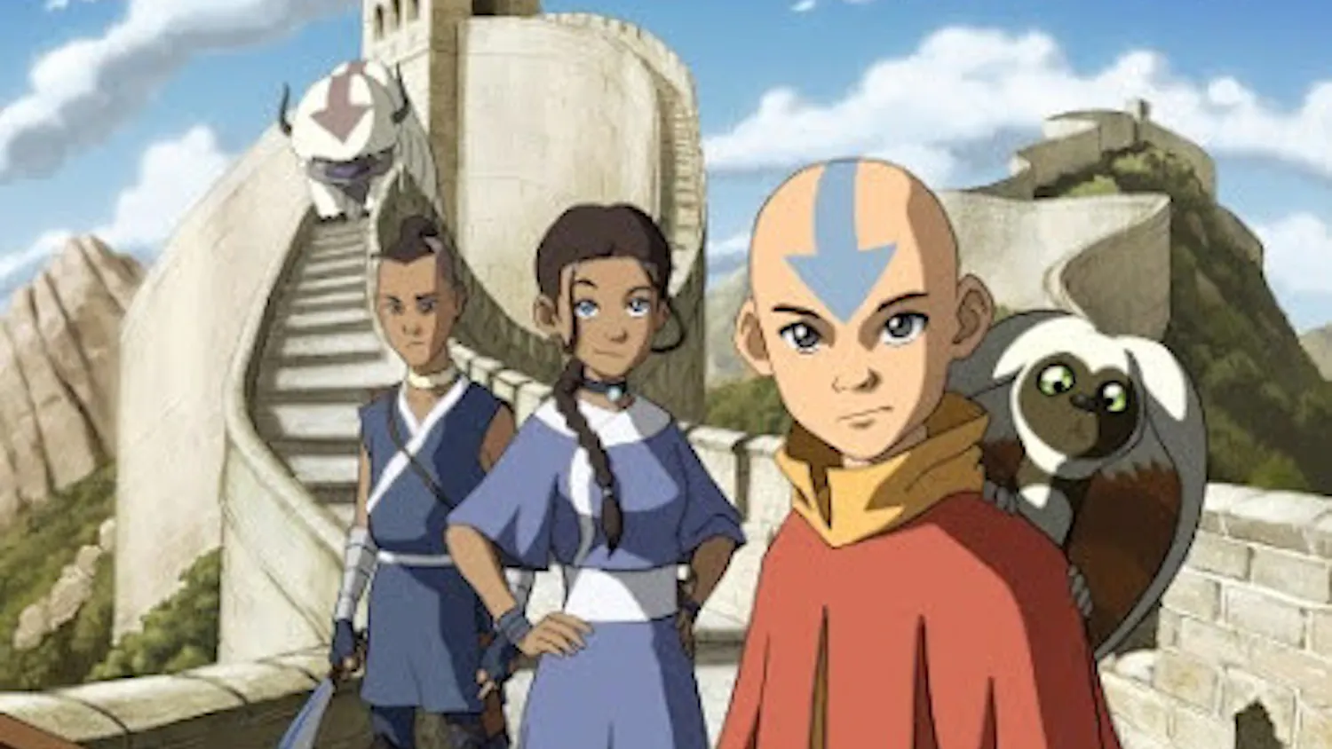 Aang, center, stands with Katara and Sokka. (Photo courtesy of IMDb)
