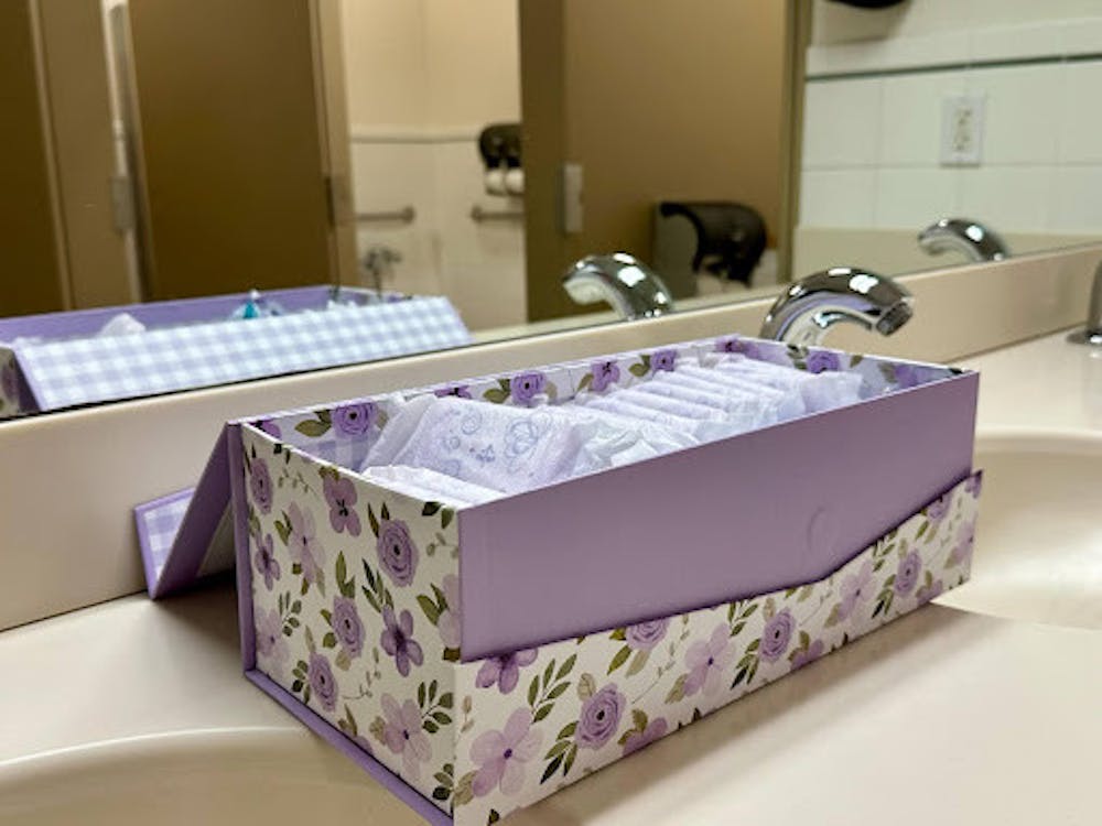 <p><em>There are free period products in Bliss Hall bathrooms. (Photo by Brooke Zevon) </em></p>
