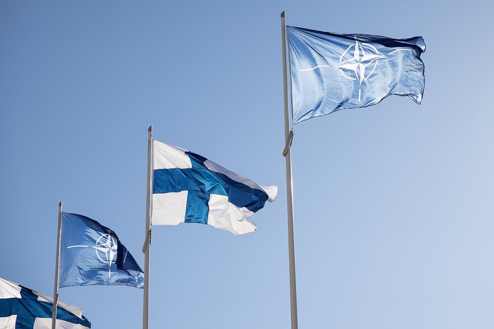 <p><em>Some E.U. members, such as Finland, have joined NATO since Russia’s plan to put tactical nuclear arms in Belarus, further forming and distinguishing countries&#x27; alliances (Photo courtesy of Wikimedia Commons/“</em><a href="https://commons.wikimedia.org/wiki/File:Flags_of_Finland_and_NATO_4.4.2023.jpg" target=""><em>Flags of Finland and NATO 4.4.2023</em></a><em>” by FinnishGovernment. April 4, 2023). </em></p>