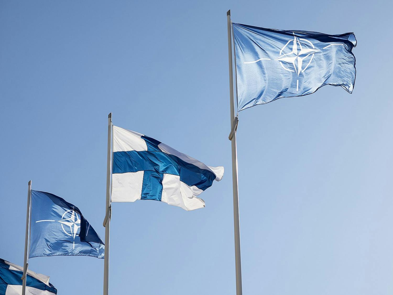 Some E.U. members, such as Finland, have joined NATO since Russia’s plan to put tactical nuclear arms in Belarus, further forming and distinguishing countries&#x27; alliances (Photo courtesy of Wikimedia Commons/“Flags of Finland and NATO 4.4.2023” by FinnishGovernment. April 4, 2023). 