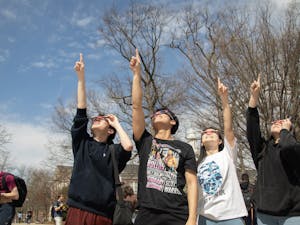 Students gather in front of the Brower Student Center to view the solar eclipse (Photo courtesy of Anthony DiPrimo).
