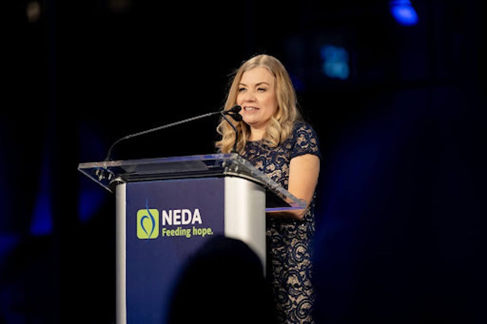 <p><em>Doreen Marshall speaking at the NEDA Gala (Photo courtesy of Doreen Marshall).</em></p>