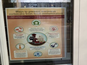 Signs are hung on the library doors regarding how to prevent getting norovirus from food (Photo Courtesy of Catherine Gonzalez / Staff Writer). 