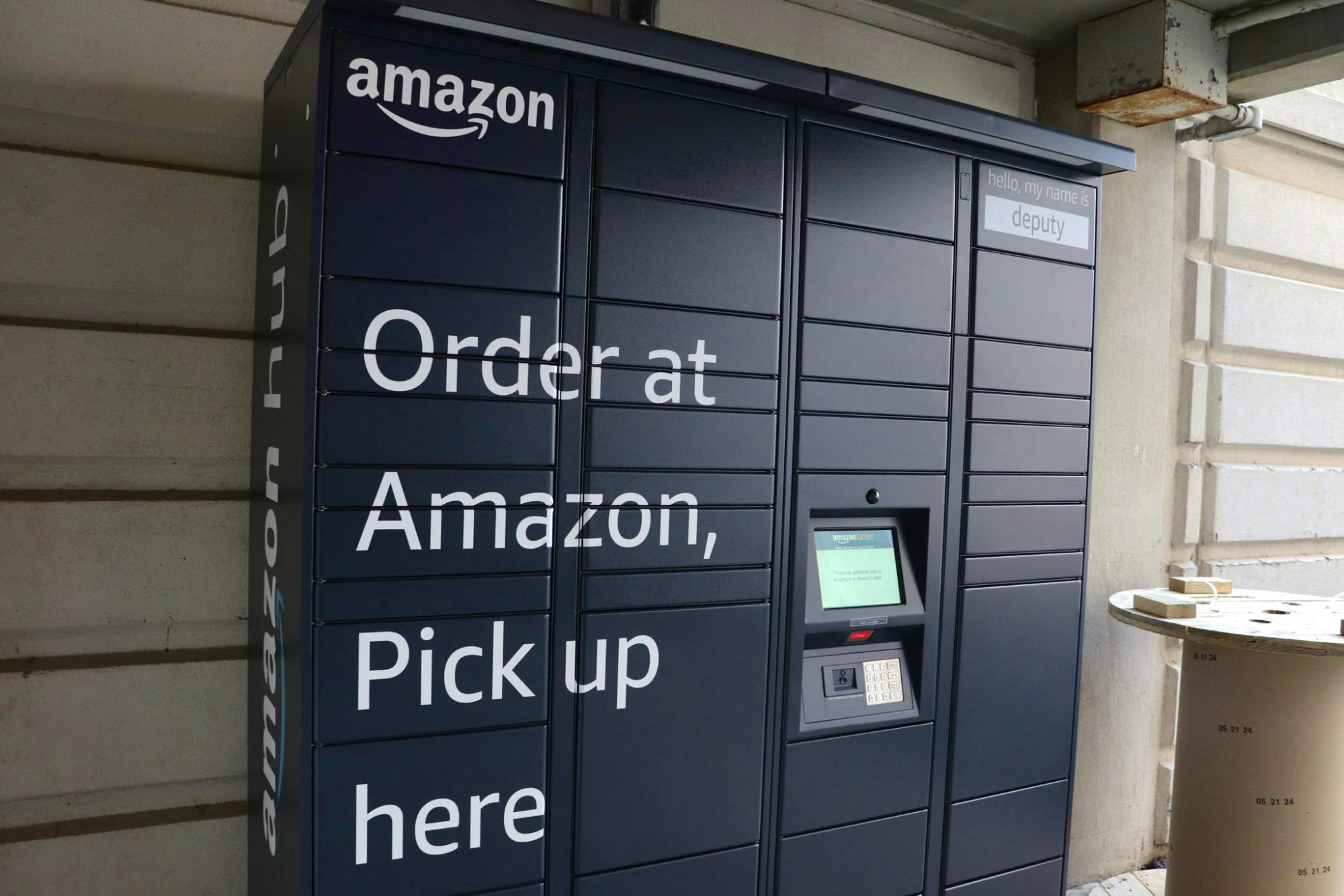 The Amazon Locker “Deputy” behind Cromwell Hall, available for campus and community use (Photo by Brooke Zevon / Staff Photographer).
