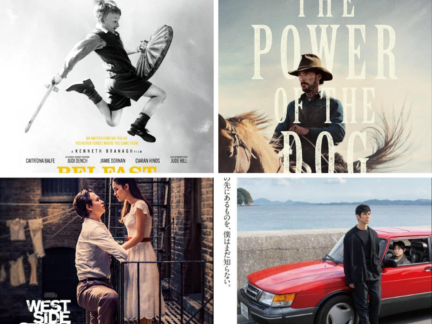 Movie posters featured are “Belfast,” “The Power of the Dog,” “West Side Story” and “Drive My Car.” The directors of each of these films are nominated for Best Director (Photos courtesy of IMDB).