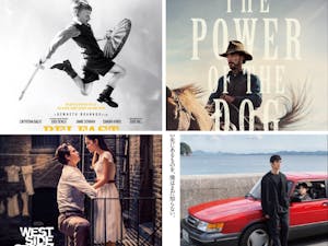 Movie posters featured are “Belfast,” “The Power of the Dog,” “West Side Story” and “Drive My Car.” The directors of each of these films are nominated for Best Director (Photos courtesy of IMDB).