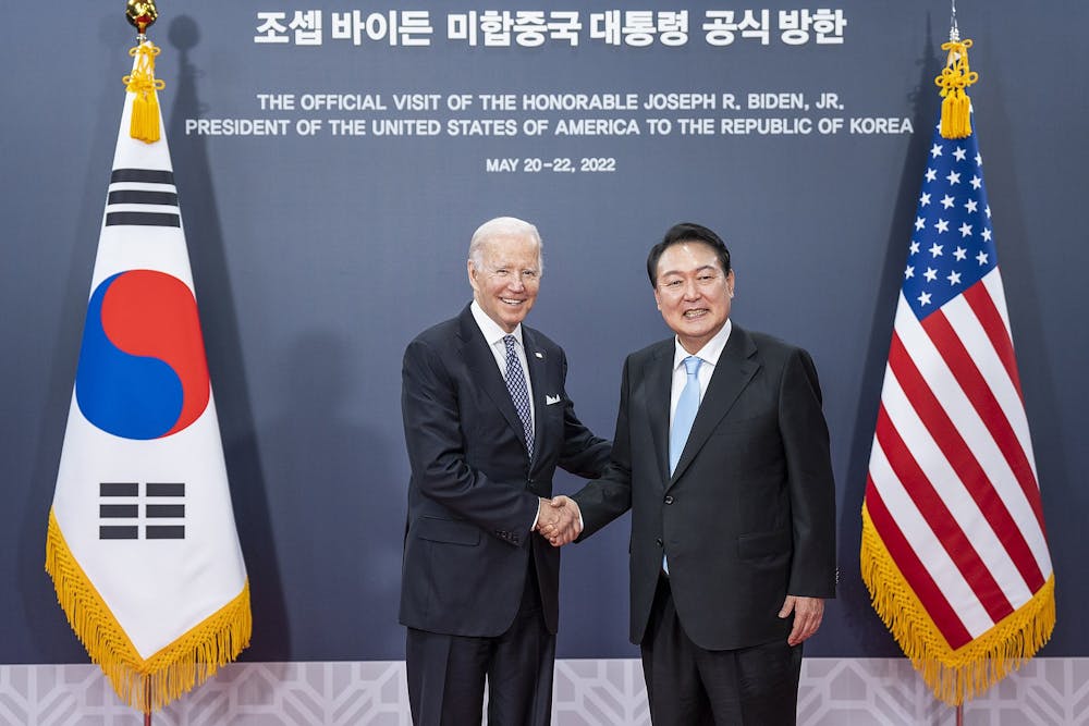 President Joe Biden welcomed South Korean President Yoon Suk Yeol and his wife, first lady Kim Keon Hee, to the White House for an official state visit (Photo courtesy of Wikimedia Commons/“President Biden met with President of South Korea Yoon at the Presidential Office in Yongsan 2022” by Office of the President of the United States. May 21, 2022). 