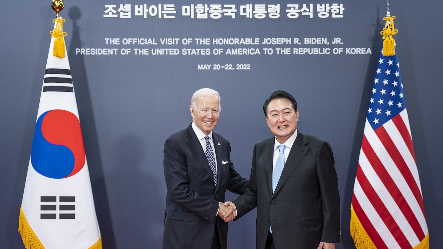 President Joe Biden welcomed South Korean President Yoon Suk Yeol and his wife, first lady Kim Keon Hee, to the White House for an official state visit (Photo courtesy of Wikimedia Commons/“President Biden met with President of South Korea Yoon at the Presidential Office in Yongsan 2022” by Office of the President of the United States. May 21, 2022). 