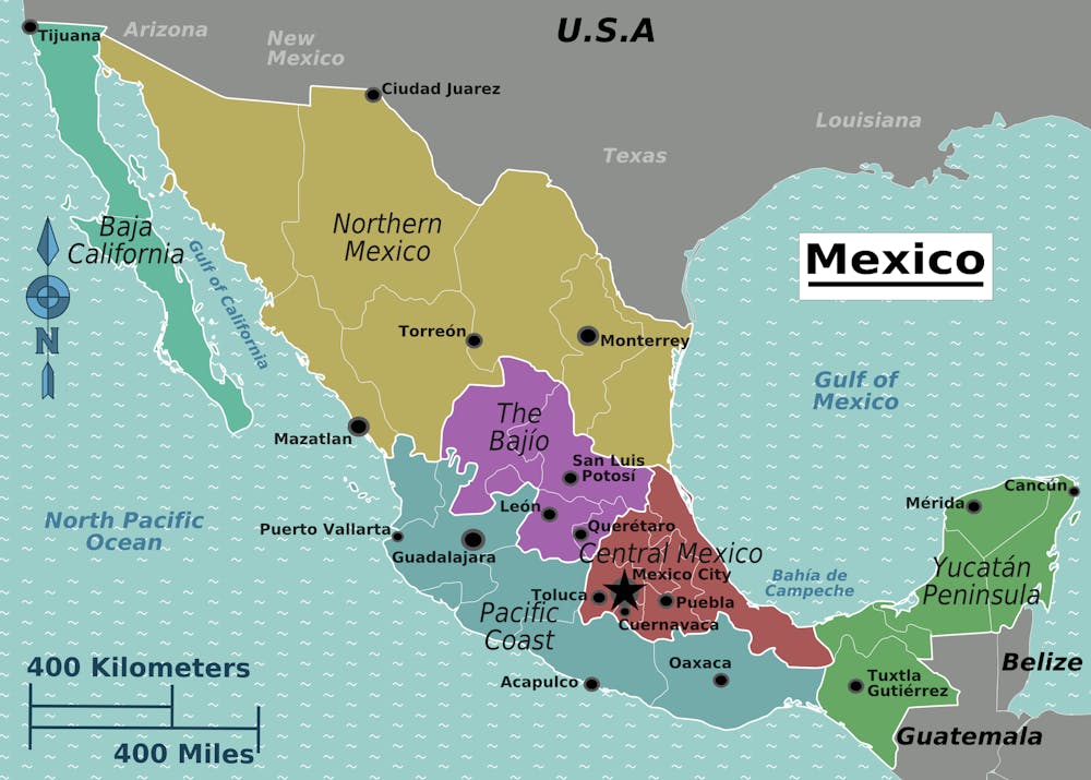 <p><em>Mexico is outlined on a map just below The United States. (Photo courtesy of </em><a href="https://commons.wikimedia.org/wiki/File:Mexico_regions_map.png" target=""><em>Wikimedia Commons</em></a><em>)</em></p>