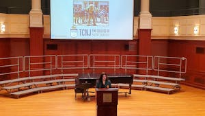 Distefano delivering her keynote address in the Mayo Concert Hall (Photo courtesy of Rachel Lea / Correspondent).