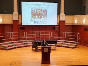 Distefano delivering her keynote address in the Mayo Concert Hall (Photo courtesy of Rachel Lea / Correspondent).