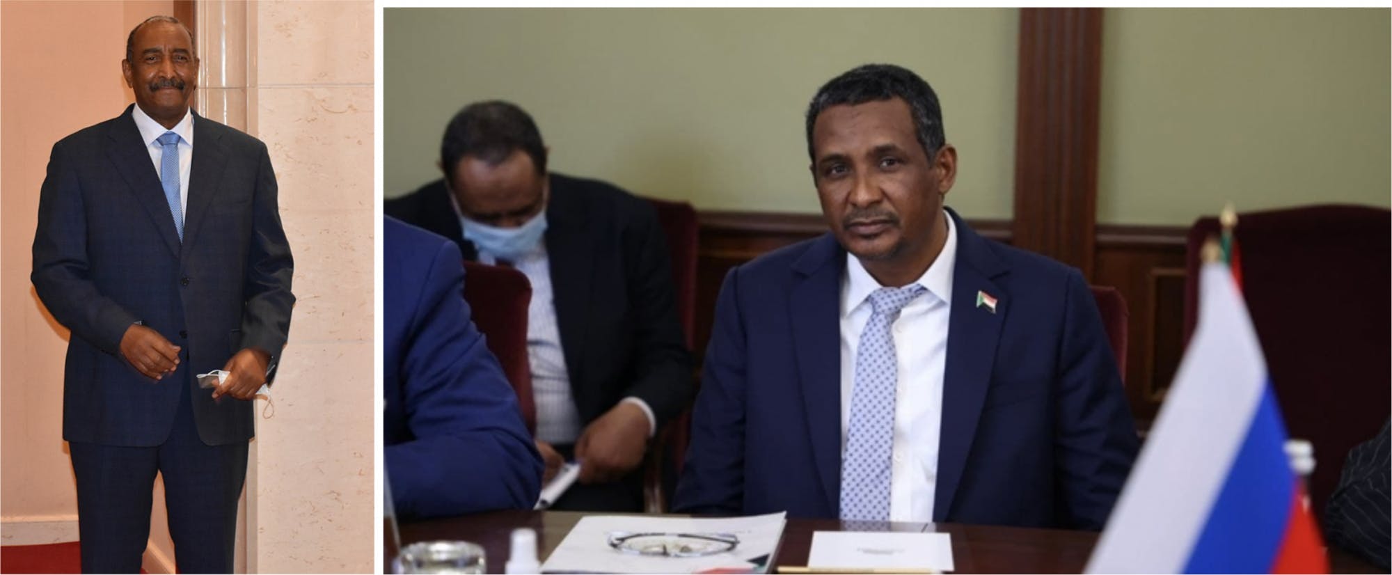 Sudan’s military forces broadly support General Abdel Fattah al-Burhan, the country’s de facto ruler, while the country’s main paramilitary force, the Rapid Support Forces (RSF) are loyal to the former warlord General Mohamed Hamdan Dagalo (Photos courtesy of Wikimedia Commons/Left: “Secretary Pompeo Meets with Sudanese Sovereign Council Chair General Fattah el-Burhan” by U.S. Department of State. August 25, 2020. Right: “General Mohamed Hamdan Dagalo” by Russian Government. February 25, 2022). 