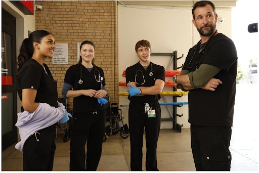 Shabana Azeez, Isa Briones, Gerran Howell and Noah Wyle in Season 2, Episode 4 of “The Pitt.” (Photo courtesy of IMDb)