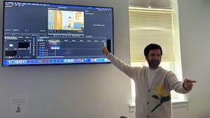 Matt Lawrence teaching editing to his Spring 2026 Intro to Digital Filmmaking class at the College. (Photo by Giya Khurana)