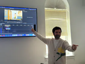 Matt Lawrence teaching editing to his Spring 2026 Intro to Digital Filmmaking class at the College. (Photo by Giya Khurana)