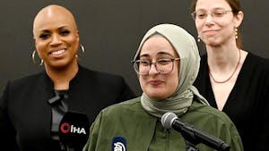 Rümeysa Öztürk, a Tufts University graduate student, addresses reporters at a press conference on May 12, 2025. (Photo courtesy of Wikimedia Commons)