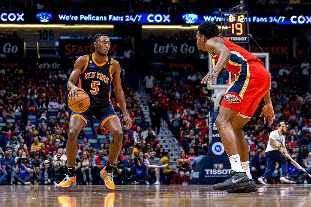 Immanuel Quickley, New York Knicks point guard, in a game against the New Orleans Pelicans (Photo Courtesy of Stephen Lew/USA Today/Flickr).