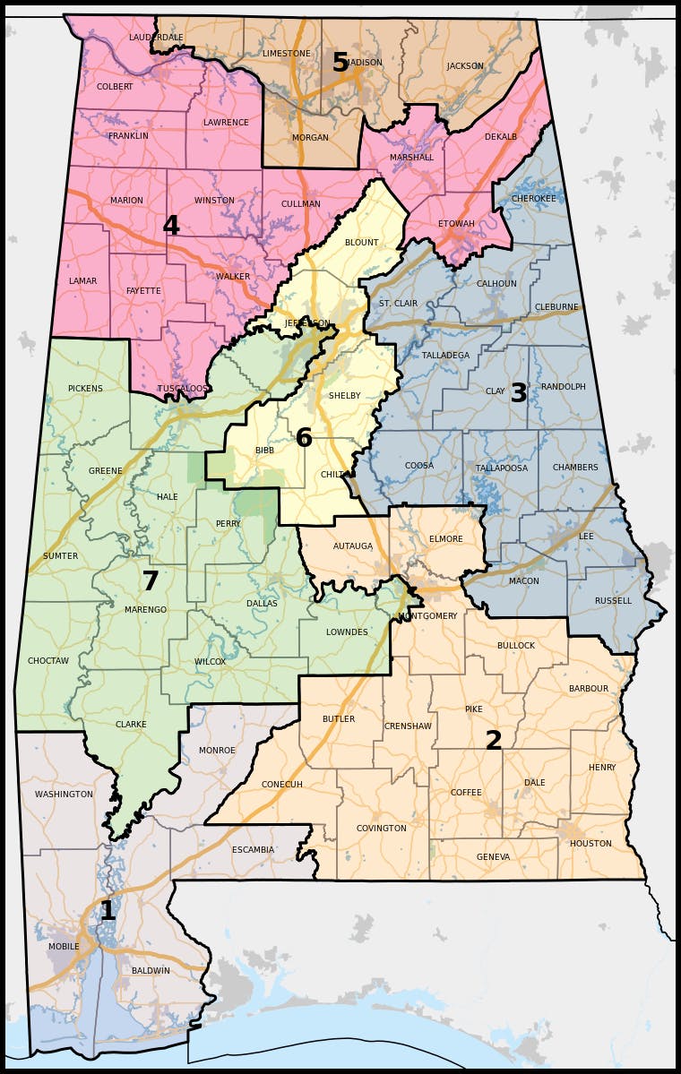 Alabama legislatures are appealing to the Supreme Court following an order from federal judges to redraw the state’s congressional district map (Photo courtesy of Wikimedia Commons / “Alabama Congressional Districts, 118th Congress” by Twotwofourtysix. April 12, 2023). 