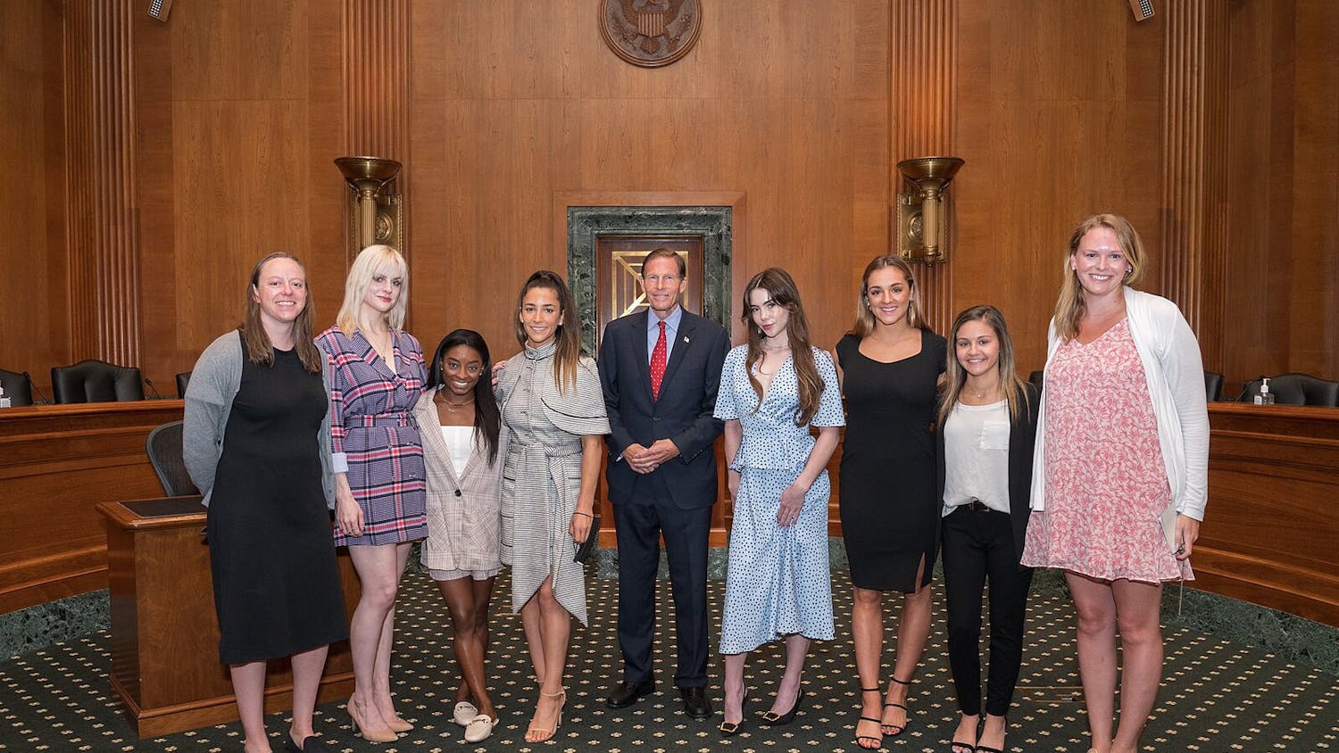 USA Gymnastics stars Simone Biles, Aly Raisman, McKayla Maroney and Maggie Nichols testified before Congress during a 2021 Senate Judiciary Committee Hearing about the FBI’s failure to put a stop to Nassar’s abuse (Photo courtesy of WikiMedia Commons / by U.S. Sen. Richard Blumenthal, September 15, 2021).