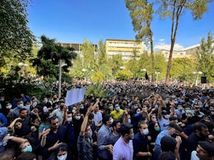 Protests have erupted across Iran in opposition to the country’s brutal authoritarian regime led by Supreme Leader Ayatollah Ali Khamenei, intensified by the killing of Mahsa Amini. (Wikimedia Commons/“Students of Amir Kabir university protest against Hijab and the Islamic Republic” by Darafsh - Own work, CC BY-SA 4.0. Sept. 20, 2022). 