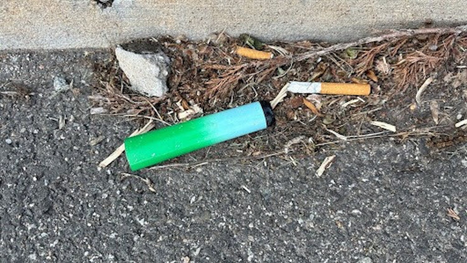 An electronic cigarette and cigarette butts littered on the side of the road. (Photo by Raeanne Raccagno)
