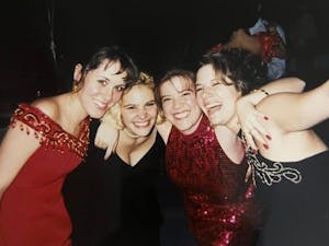 Denise Hallinan, Sally Bulger, Kris-Anne Kinney and Christine Nicholson at a sorority formal (Photo courtesy of Sally Bulger).