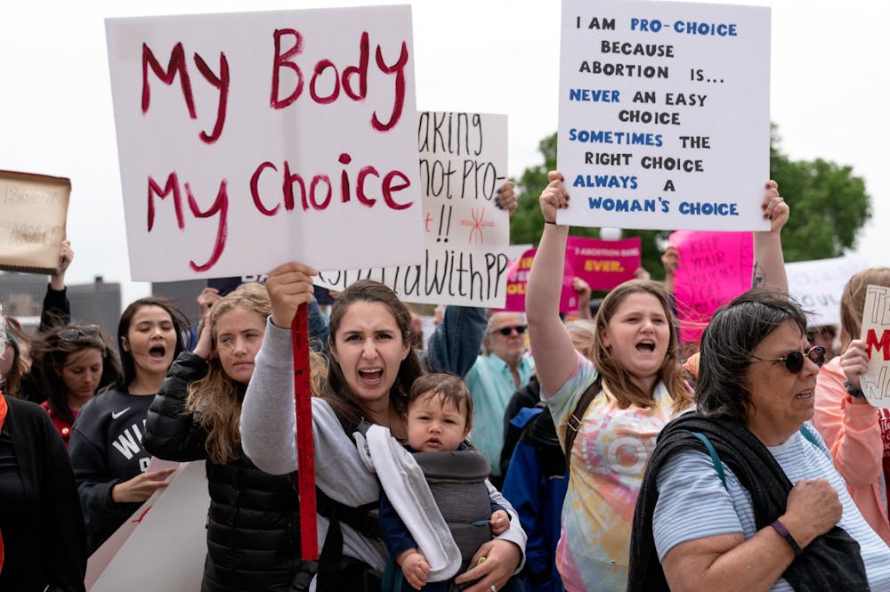 (“My body my choice sign at a Stop Abortion Bans Rally in St Paul, Minnesota” by Lorie Shaull, 2019).