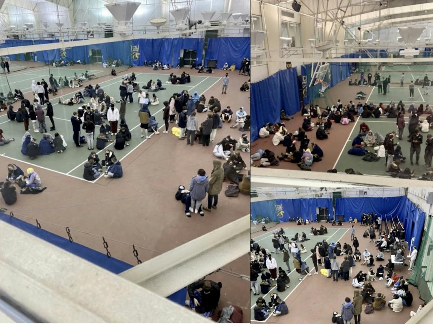 Students sat in the Recreation Center in their pajamas from 2:30 to 3:30 a.m. after the first alarm went off. Most returned back to the same spot a half hour later until 5:40 a.m (Photos courtesy of Rachel Yoo and Rachel Modery).